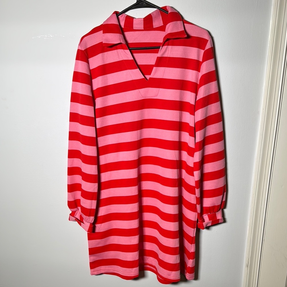 SHEIN Red and Pink Striped Long Sleeve Dress